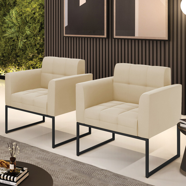 Kit 2 Poltronas Elisa Suede Base Metálica Industrial Preto D0