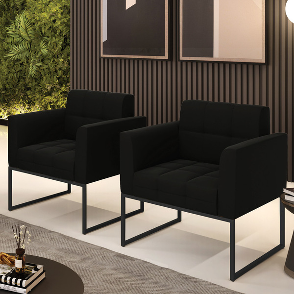 Kit 2 Poltronas Elisa Suede Base Metálica Industrial Preto D0