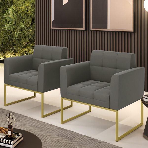 Kit 2 Poltronas Elisa Suede Grafite Base Metálica Industrial