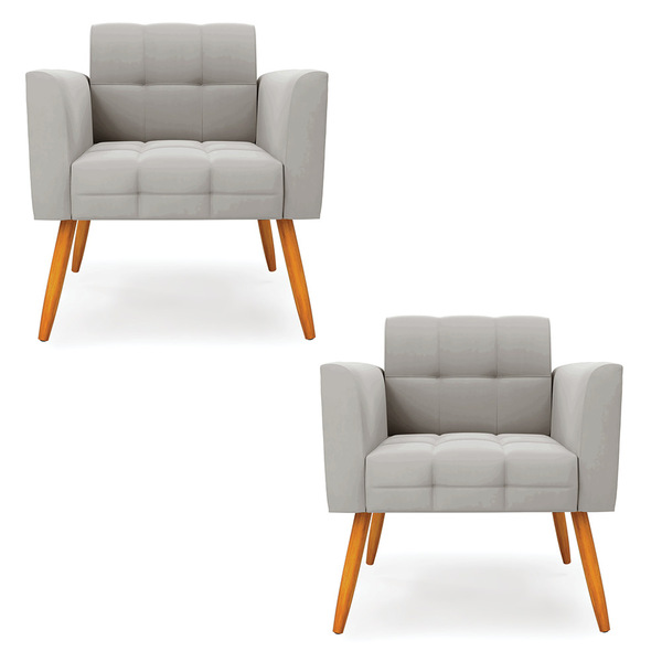 Kit 2 Poltronas Elisa Veludo Cinza Pés Palito Castanho D03 -