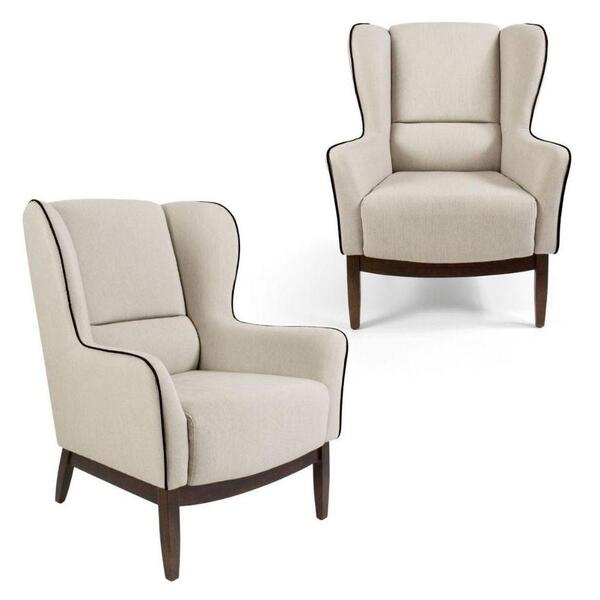 Kit 2 Poltronas Em Tecido Algodão Bege Com Base De Madeira Me