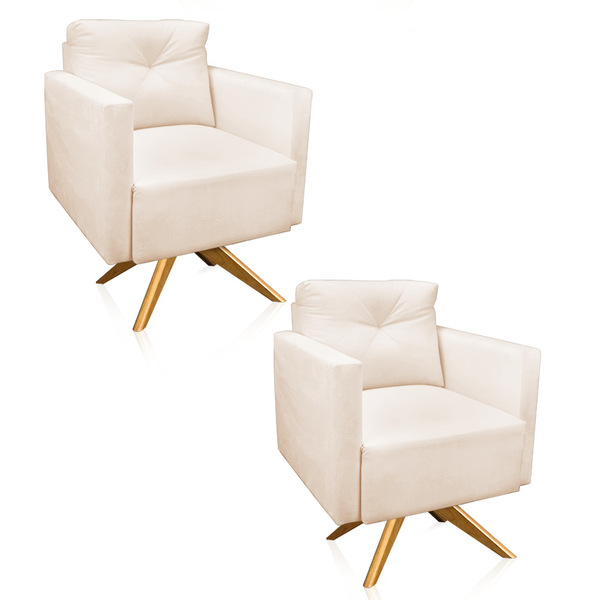 Kit 2 Poltronas Giratória Luisa Veludo Bege Base De Madeira M