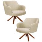 Kit 2 Poltronas Giratórias Base Madeira Linho Bege Escuro