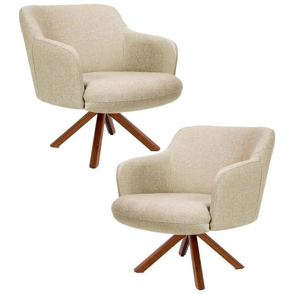 Kit 2 Poltronas Giratórias Base Madeira Linho Bege Escuro