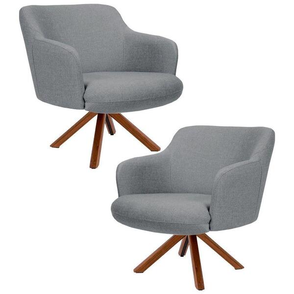 Kit 2 Poltronas Giratórias Base Madeira Linho Cinza Escuro