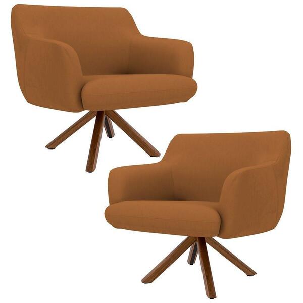 Kit 2 Poltronas Giratórias Base Madeira Veludo Telha