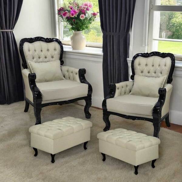 Kit 2 Poltronas Imperador E 2 Puffs Capitonê Preto E Bege