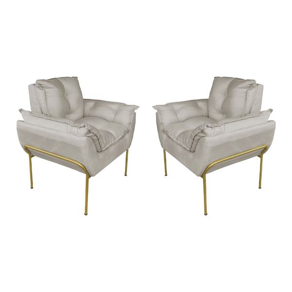 Kit 2 Poltronas Luxo Suede Bege Base De Ferro Dourada - Valli