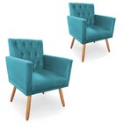 Kit 2 Poltronas Nina Capitonê Pés Madeira Suede Azul Turquesa