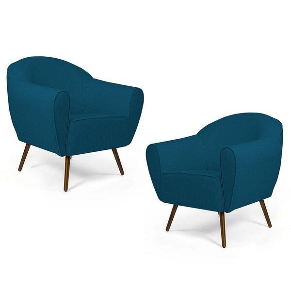Kit 2 Poltronas Nina Pés Palito Madeira Veludo Azul Cobalto