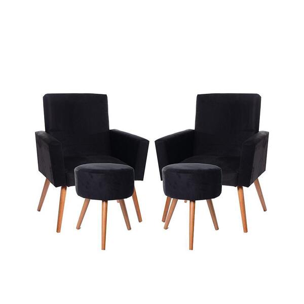 Kit 2 Poltronas Nina Pés Palito Preta E 2 Puffs Preta 