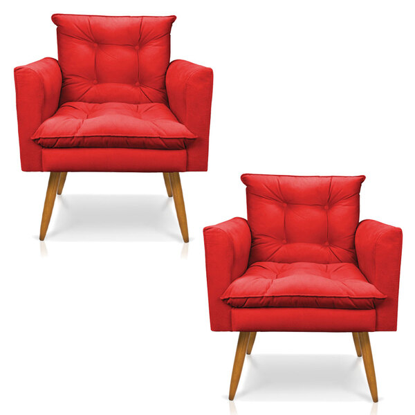 Kit 2 Poltronas Olivia Suede Vermelho Pés Palito Castanho - P