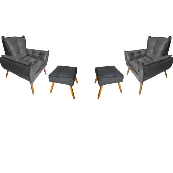 Kit 2 Poltronas Opala Com 2 Puff Quadrado Plus Suede Cinza