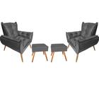 Kit 2 Poltronas Opala Com 2 Puff Quadrado Suede Cinza