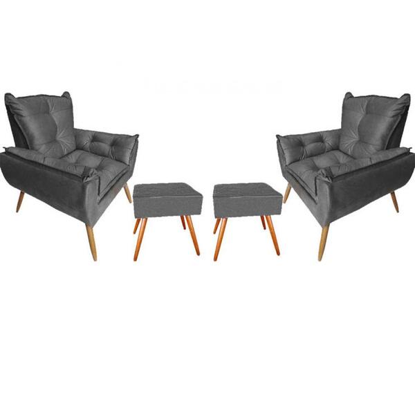 Kit 2 Poltronas Opala Com 2 Puff Quadrado Suede Cinza