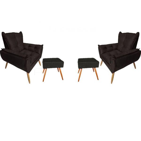 Kit 2 Poltronas Opala Com 2 Puff Quadrado Suede Grafite