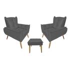 Kit 2 Poltronas Opala Com Puff Quadrado Plus Suede Cinza