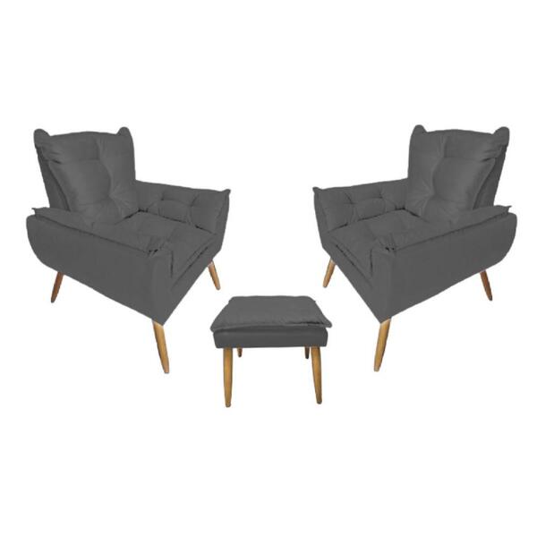 Kit 2 Poltronas Opala Com Puff Quadrado Plus Suede Cinza