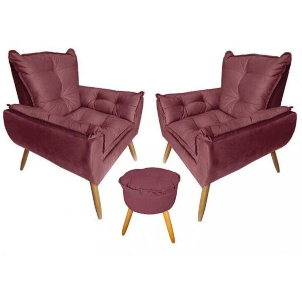 Kit 2 Poltronas Opala Com Puff Redondo Opala Suede Bordô
