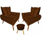 Kit 2 Poltronas Opala Com Puff Redondo Opala Suede Marrom