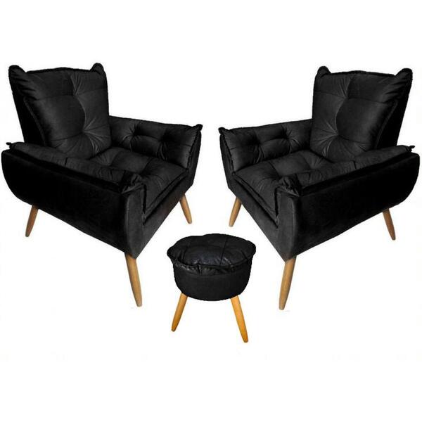 Kit 2 Poltronas Opala Com Puff Redondo Opala Suede Preto