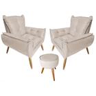 Kit 2 Poltronas Opala Com Puff Redondo Plus Suede Bege