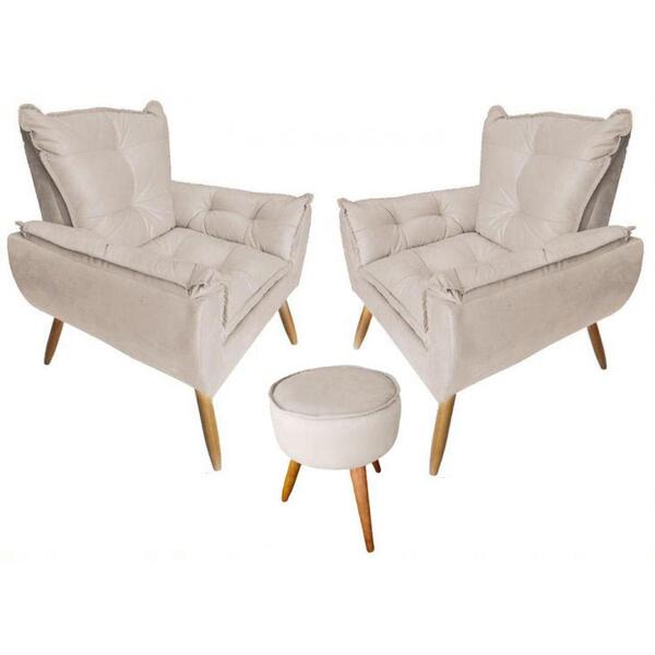 Kit 2 Poltronas Opala Com Puff Redondo Plus Suede Bege