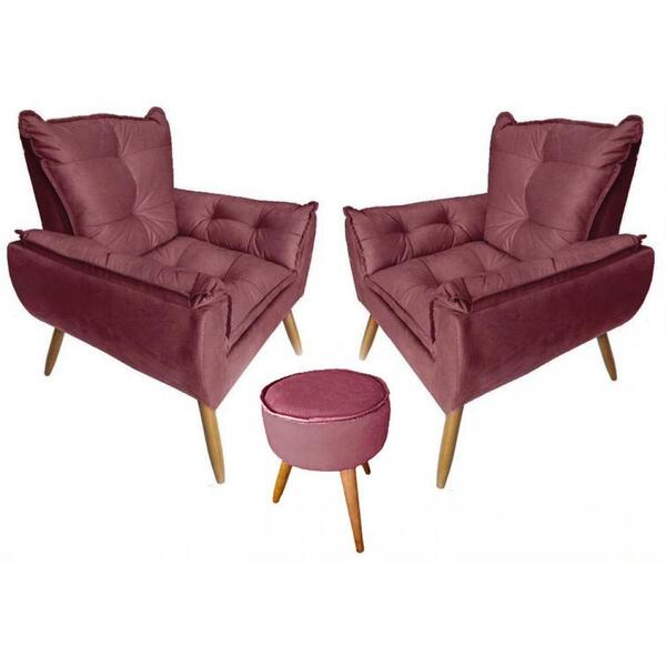 Kit 2 Poltronas Opala Com Puff Redondo Plus Suede Bordô