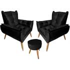 Kit 2 Poltronas Opala Com Puff Redondo Plus Suede Preto