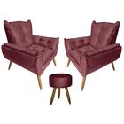 Kit 2 Poltronas Opala Com Puff Redondo Suede Bordo
