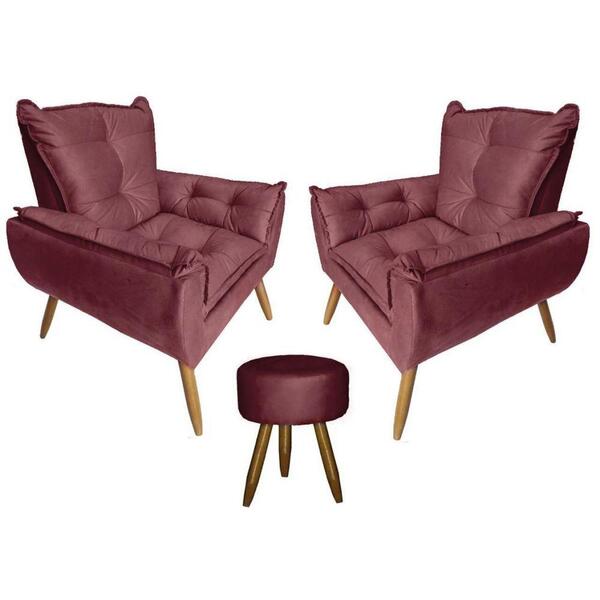 Kit 2 Poltronas Opala Com Puff Redondo Suede Bordo