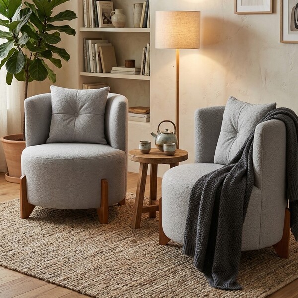 Kit 2 Poltronas Orgânica Curva Luna Boucle Pés De Madeira - M