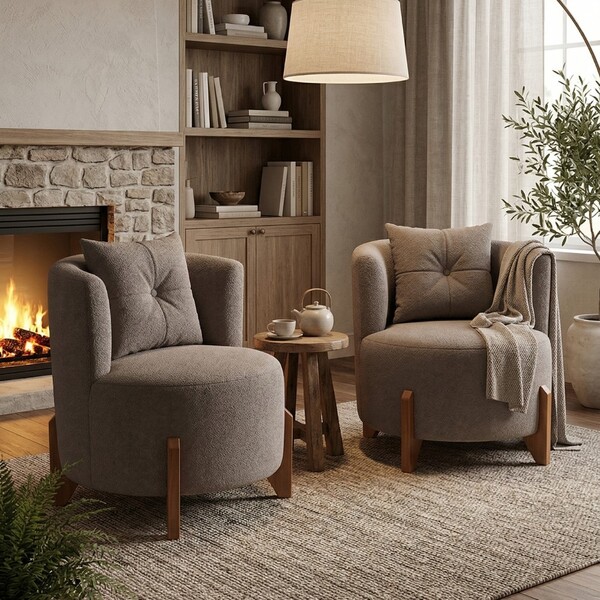 Kit 2 Poltronas Orgânica Curva Luna Boucle Pés De Madeira - M