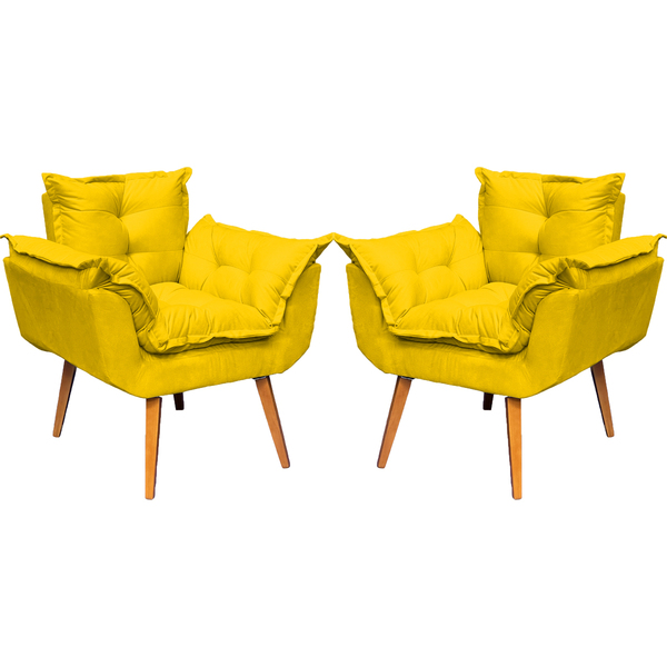 Kit 2 Poltronas Para Sala Decorativas Alice Suede Amarelo Pé