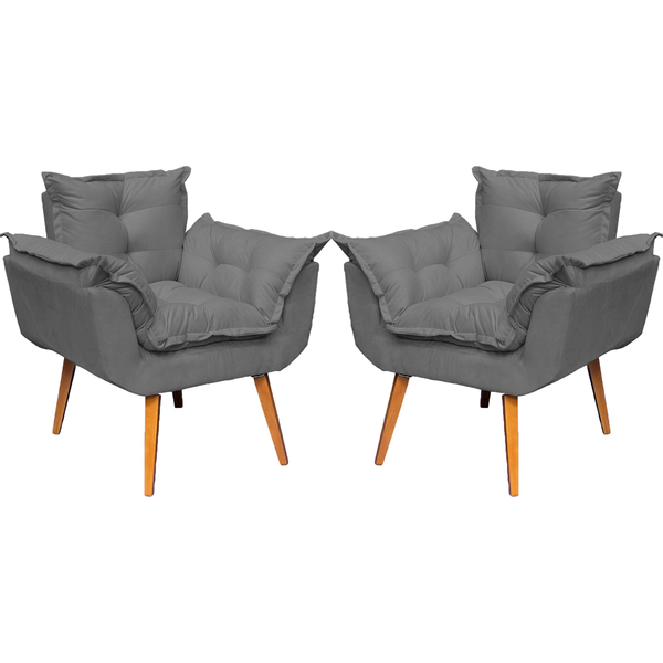 Kit 2 Poltronas Para Sala Decorativas Alice Suede Cinza Pé Ca