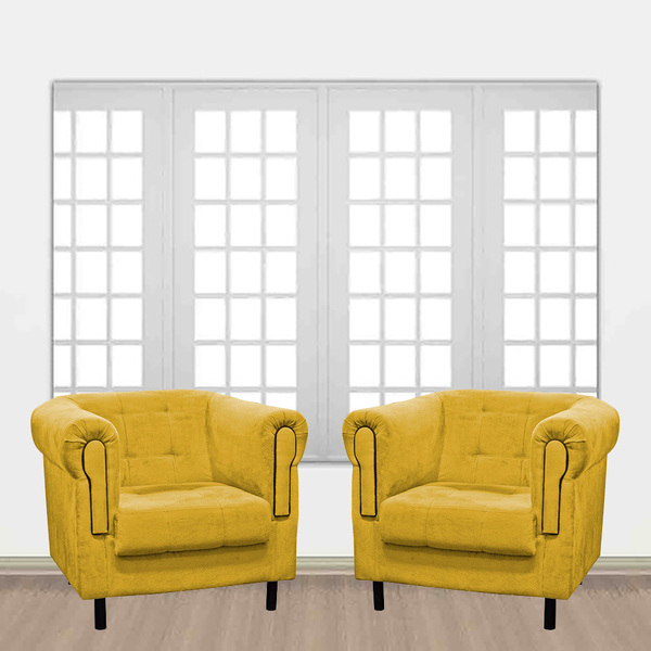 Kit 2 Poltronas Parreira Suede Amarelo Pés Palito Tana Decor