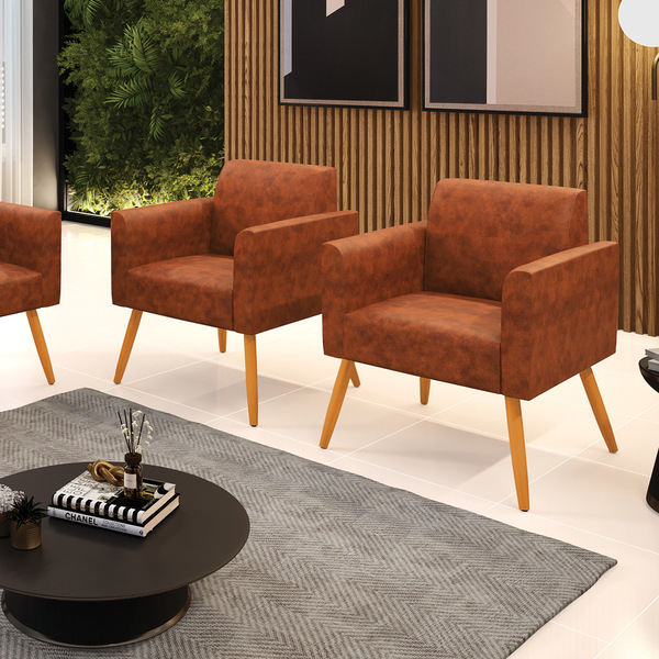 Kit 2 Poltronas Pés Palito Castanho Marisa Corano Nozes