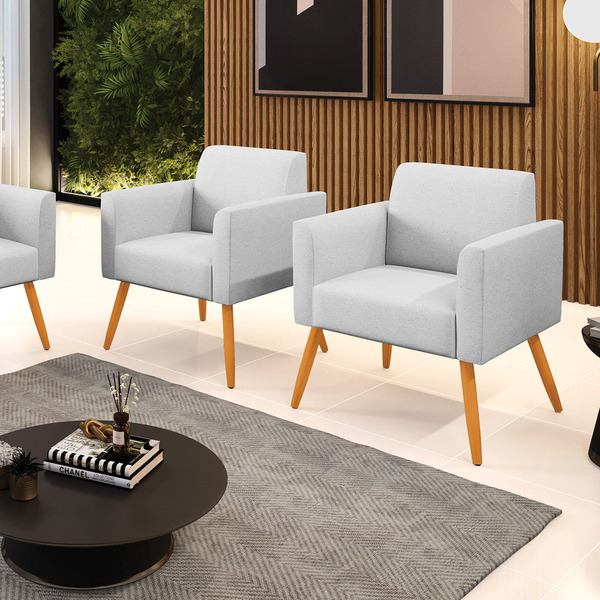 Kit 2 Poltronas Pés Palito Castanho Marisa Linho - A05 Cinza