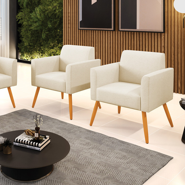 Kit 2 Poltronas Pés Palito Castanho Marisa Linho - A19 Bege