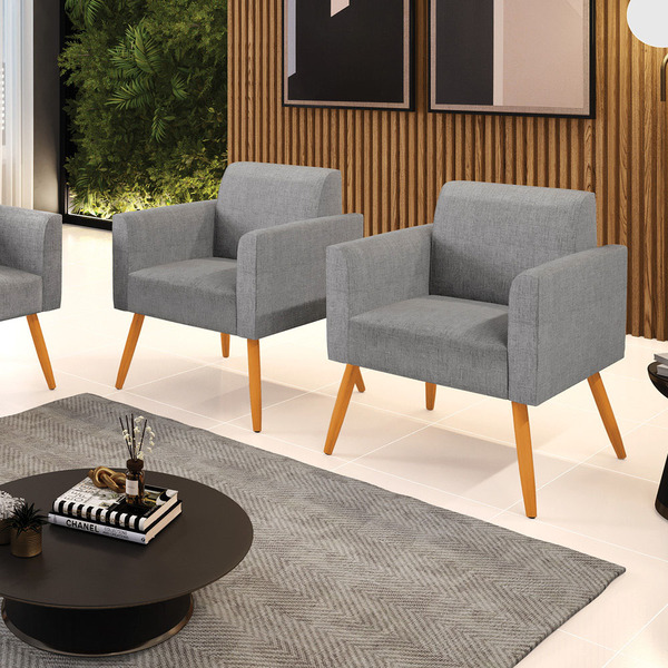 Kit 2 Poltronas Pés Palito Castanho Marisa Linho - A26 Grafite