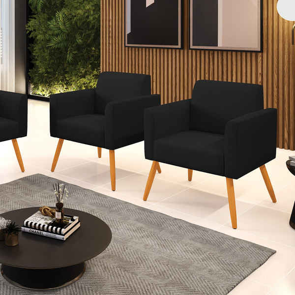 Kit 2 Poltronas Pés Palito Castanho Marisa Linho - A79 Preto