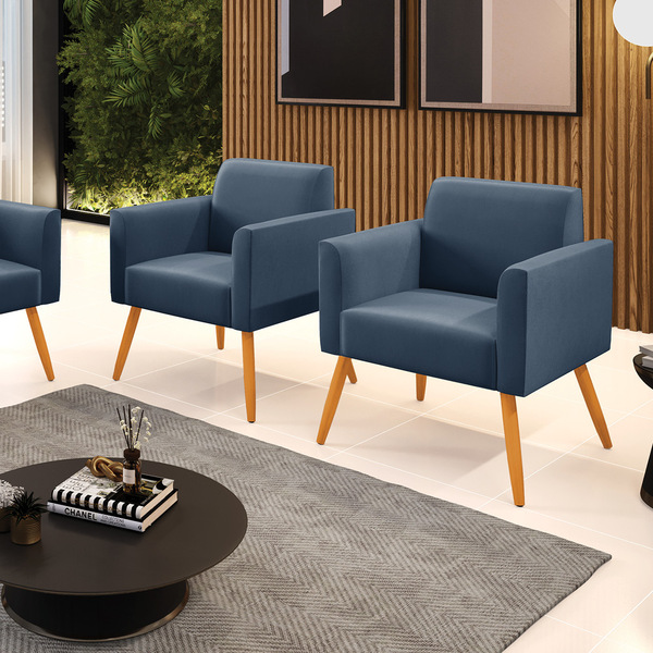 Kit 2 Poltronas Pés Palito Castanho Marisa Suede - Azul Marin