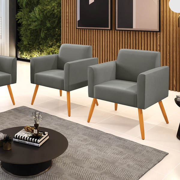 Kit 2 Poltronas Pés Palito Castanho Marisa Suede Grafite