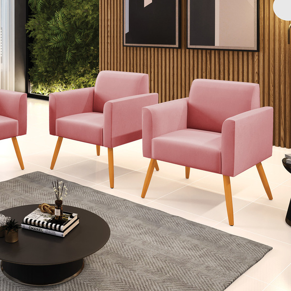Kit 2 Poltronas Pés Palito Castanho Marisa Suede - Rose