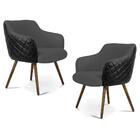 Kit 2 Poltronas Pés Palito Madeira Corano Linho Cinza Escuro