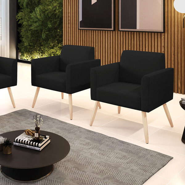 Kit 2 Poltronas Pés Palito Natural Marisa Linho - A79 Preto