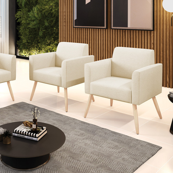 Kit 2 Poltronas Pés Palito Natural Marisa Linho Bege A19 D03