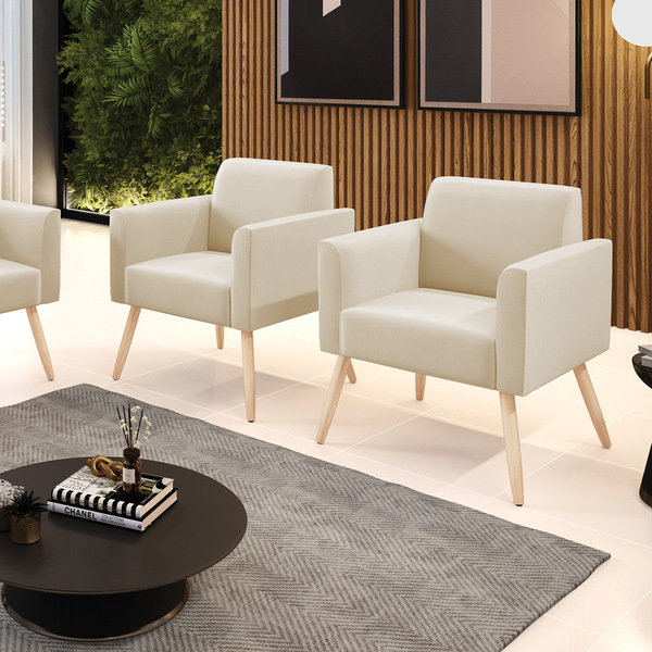 Kit 2 Poltronas Pés Palito Natural Marisa Suede Bege