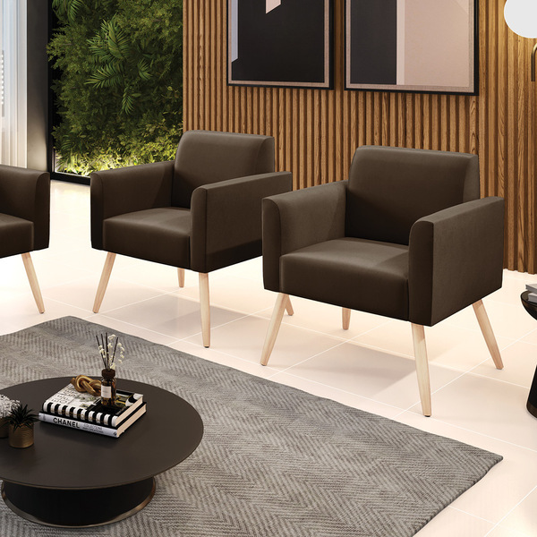 Kit 2 Poltronas Pés Palito Natural Marisa Suede - Marrom