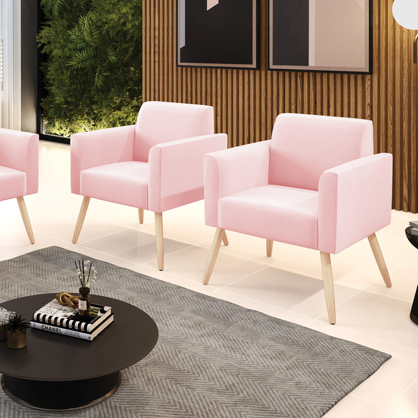 Kit 2 Poltronas Pés Palito Natural Marisa Suede - Rosa Bebê